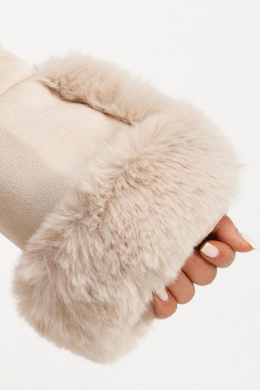 Faux Fur Faux Suede Jacket With Belt Beige