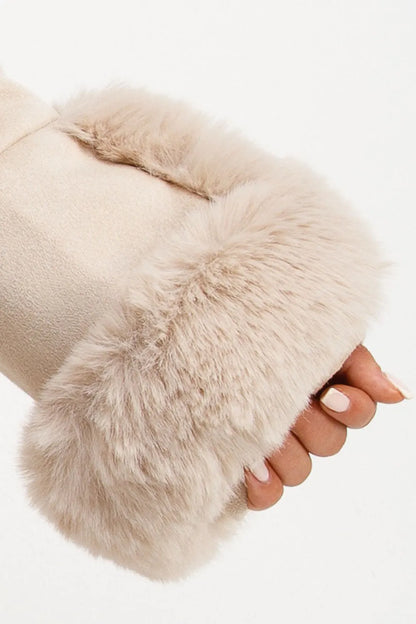 Faux Fur Faux Suede Jacket With Belt Beige