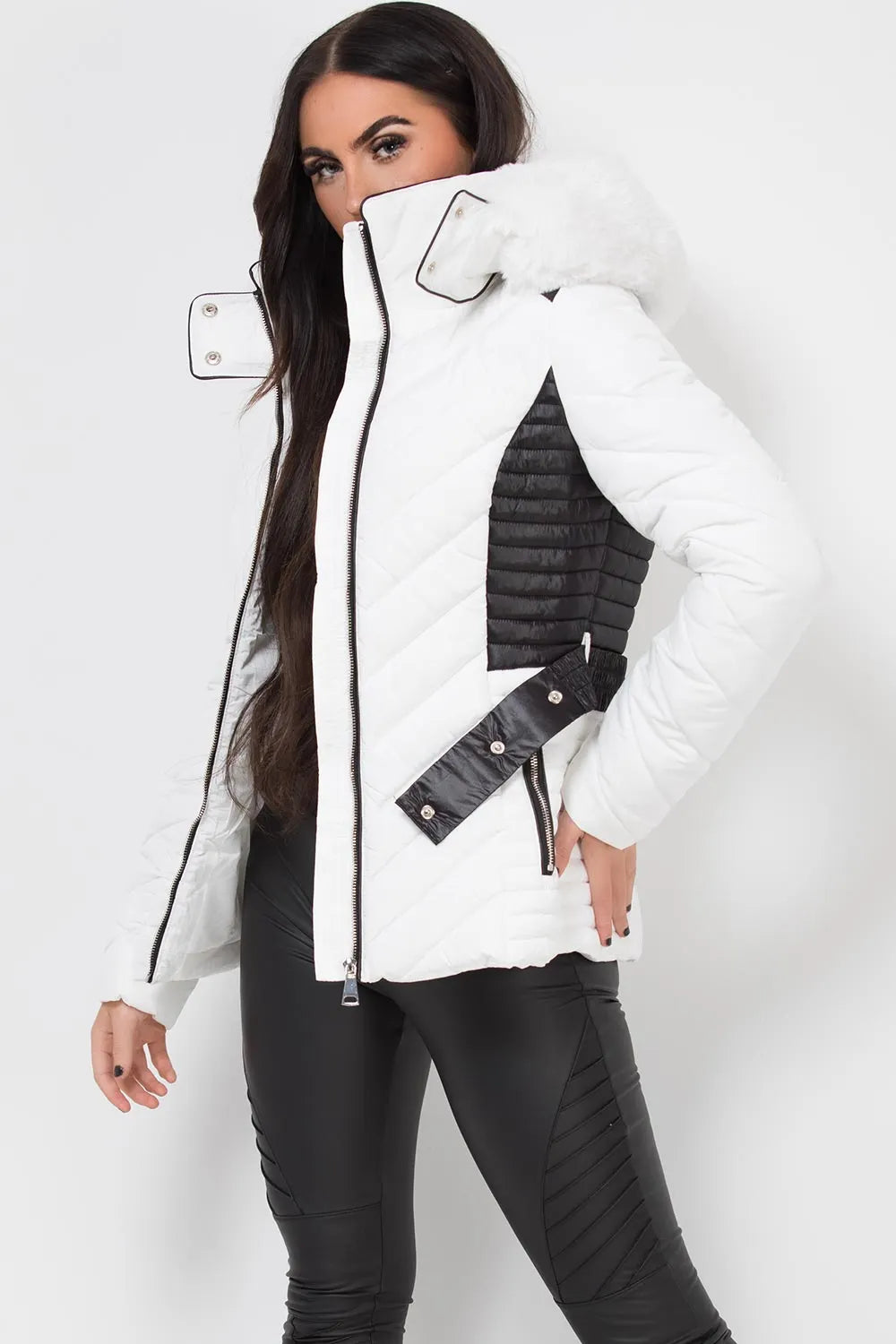Puffer Quilted Jacket With Faux Fur Hood Belted White