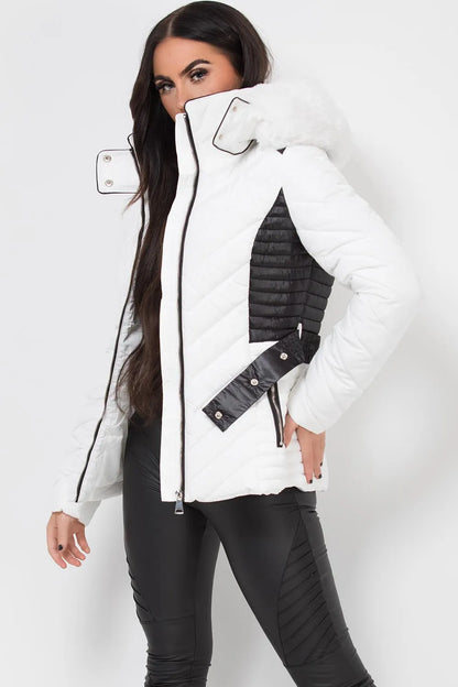 Puffer Quilted Jacket With Faux Fur Hood Belted White