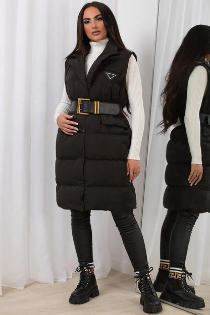 Black Long Puffer Gilet With Lapel Collar & Belt
