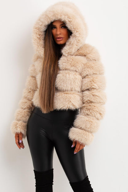 Faux Fur Coat With Hood Beige