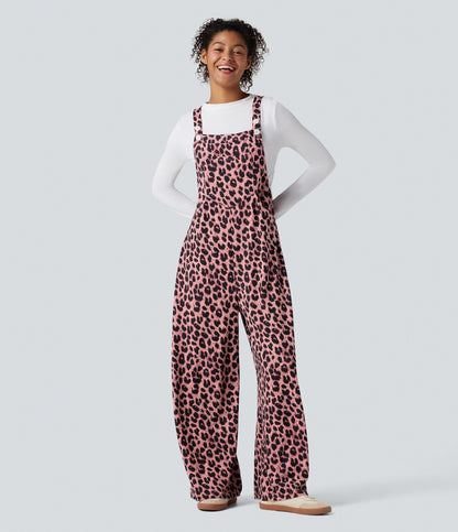 Leopard Print Waffle Casual Overalls with Pockets