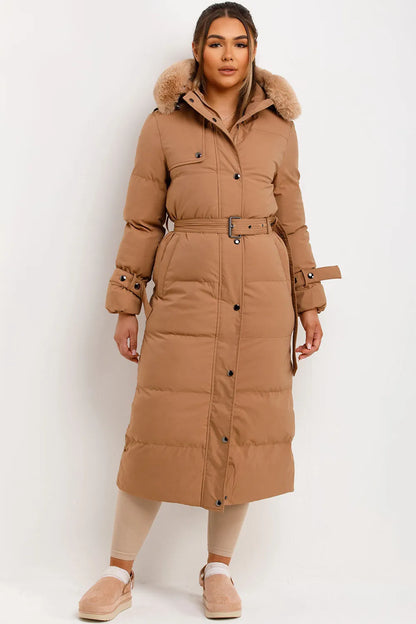 Long Puffer Trench Coat With Belt And Faux Fur Hood Camel