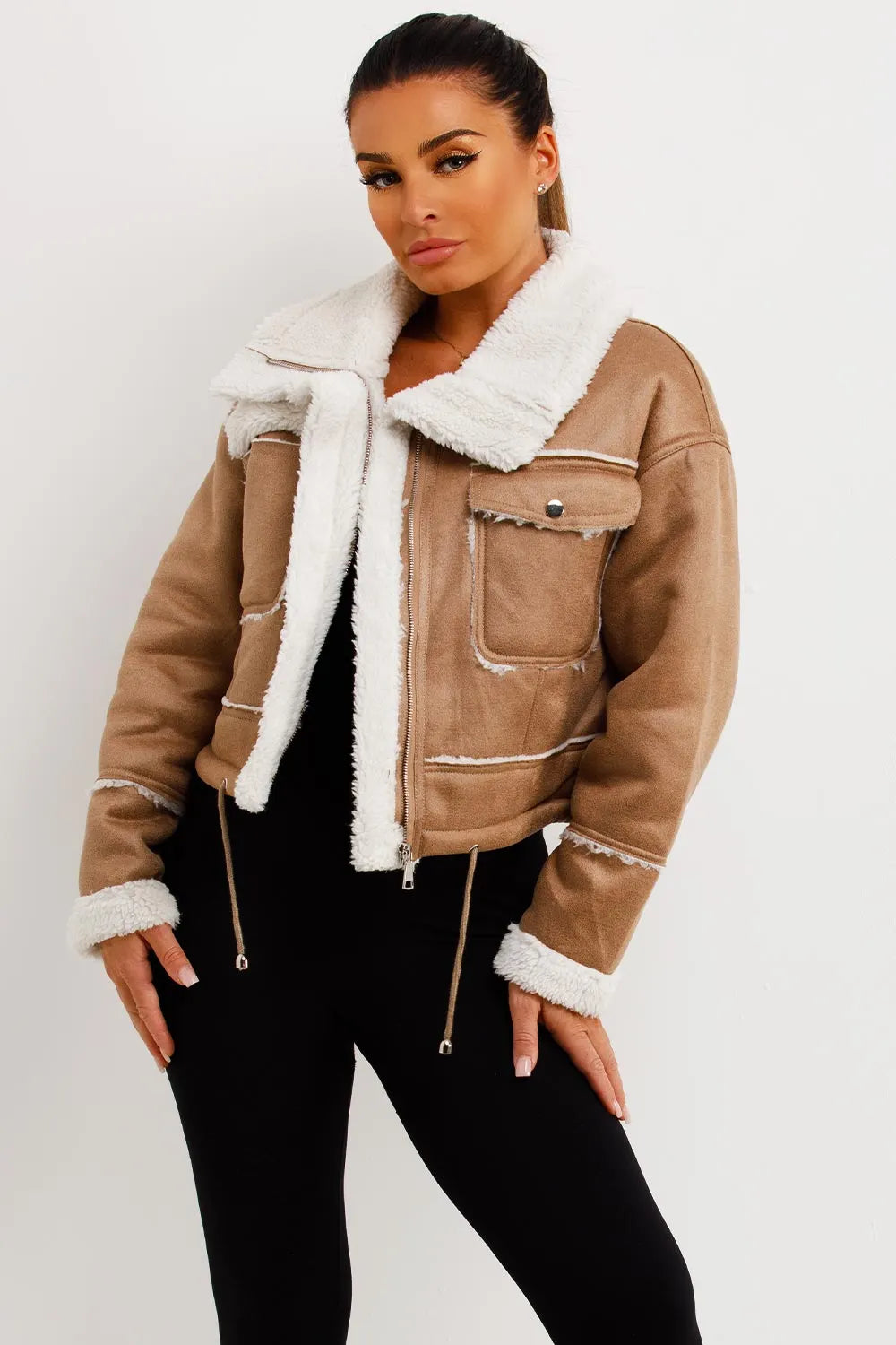 Faux Shearling Faux Leather Jacket Beige