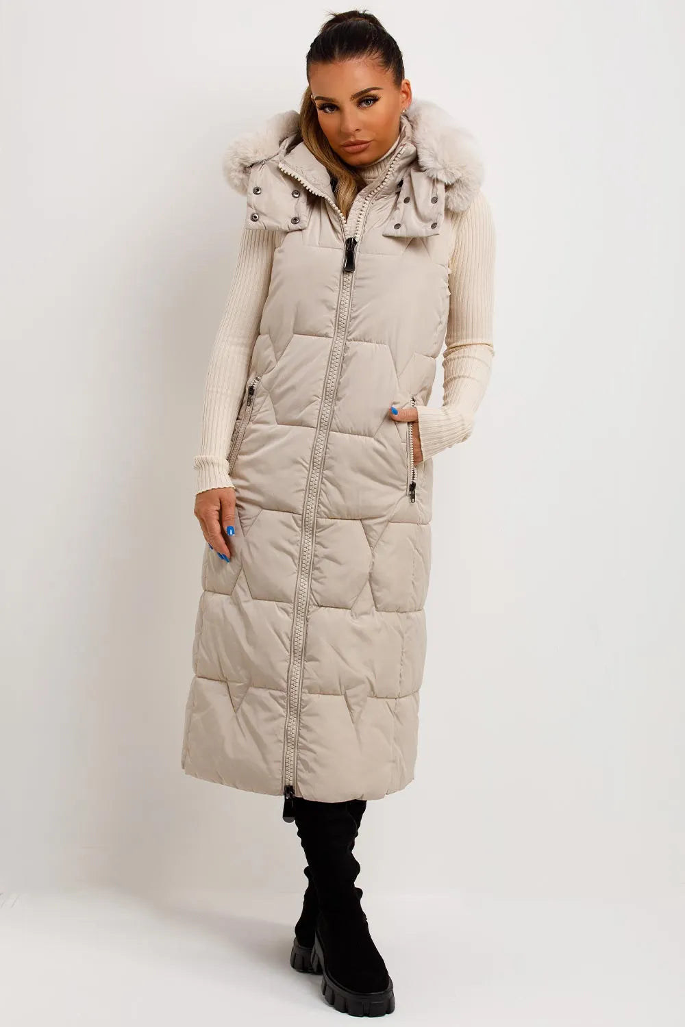 Long Puffer Gilet With Faux Fur Hood Beige