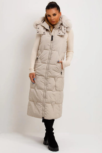 Long Puffer Gilet With Faux Fur Hood Beige