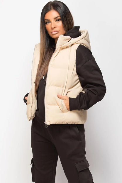 Padded Hooded Gilet Sleeveless Jacket Stone