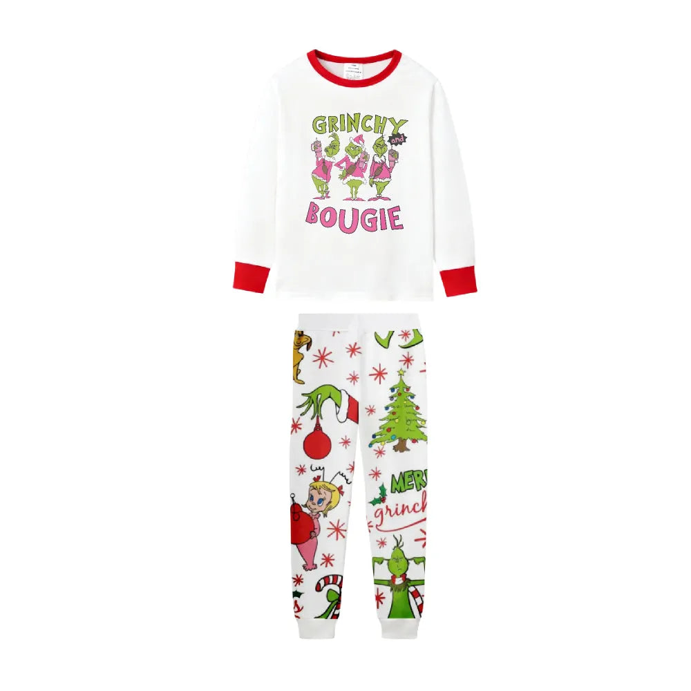 Family Christmas White Pajamas Set With Classic Xmas Pattern Print