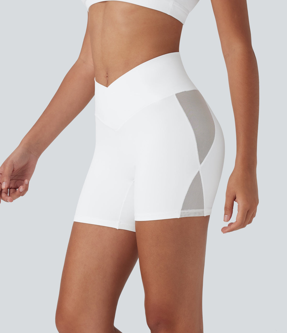SoftlyZeroTM High Waisted Crossover Contrast Mesh Yoga Biker Shorts 5'' with Pocket-UPF50+