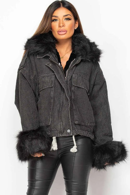 Black Denim Faux Fur Oversized Jacket
