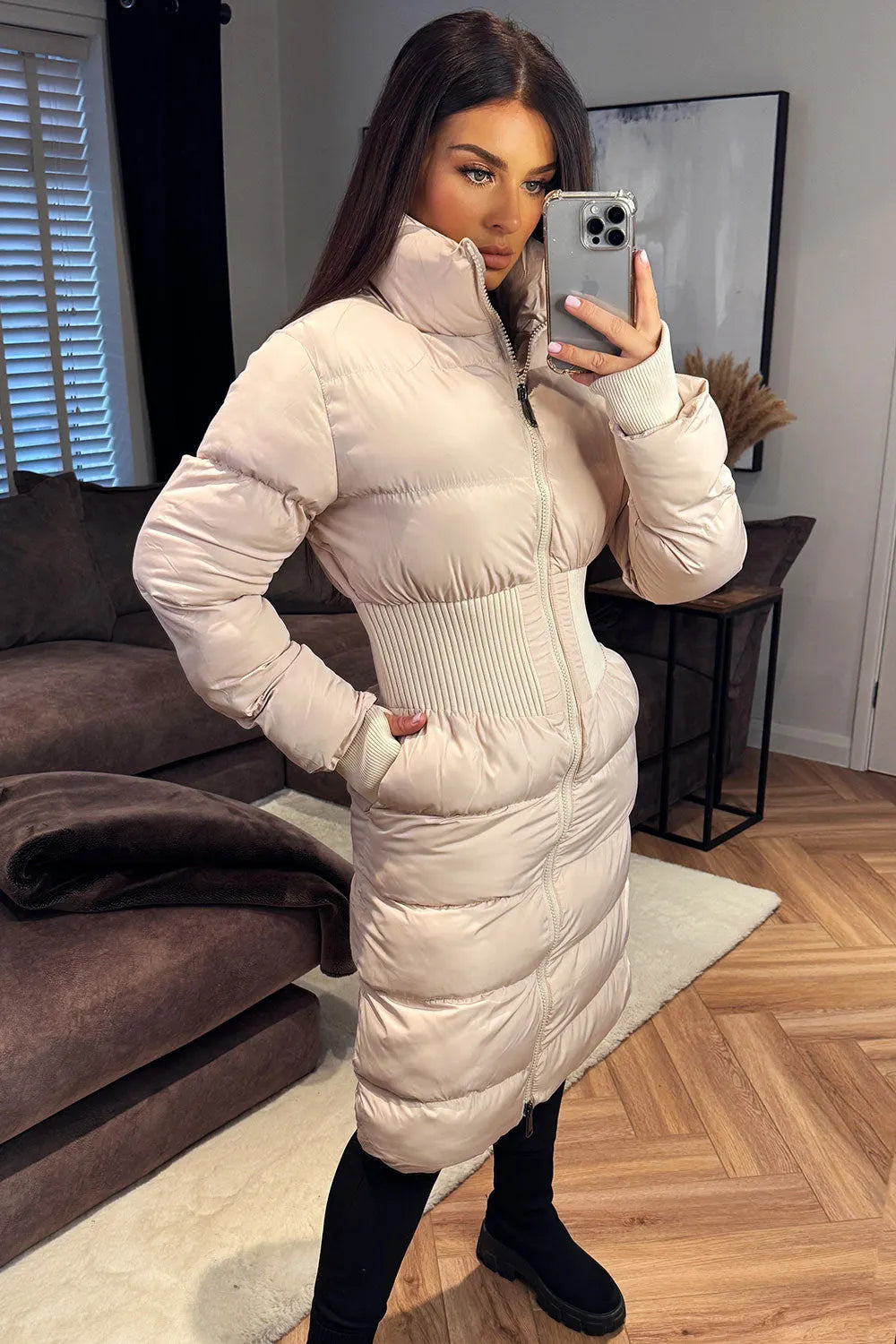 Puffer Padded Winter Coat With Contour Structured Detail Beige