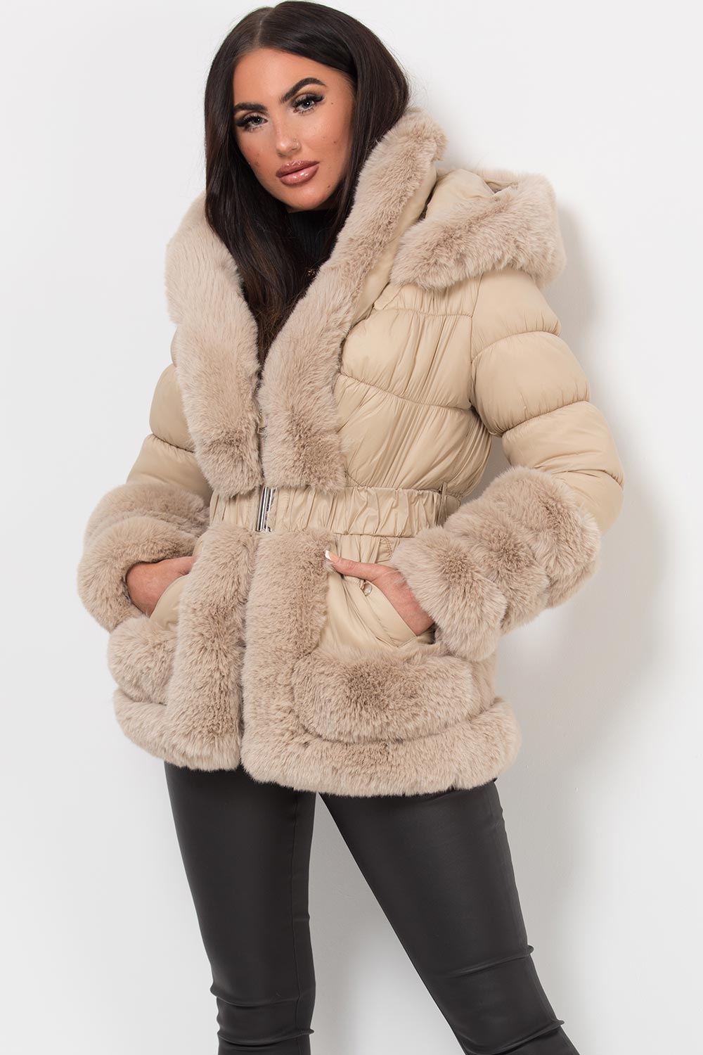 Faux Fur Trim Puffer Hooded Down Jacket With Belt Beige