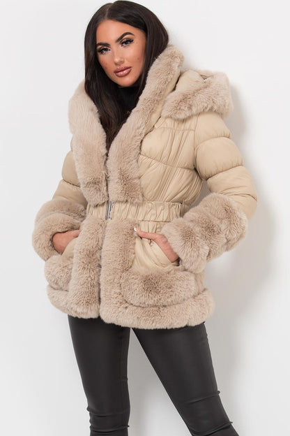 Faux Fur Trim Puffer Hooded Down Jacket With Belt Beige