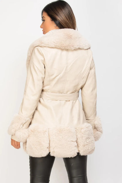 Cream Faux Leather Belted Jacket With Faux Fur Trim