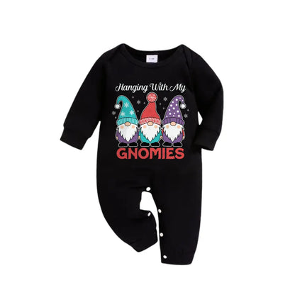 Christmas Family Matching Pajamas-Black Top and Green Plaid Pants Pjs Set with Gnome Family and Christmas Slogan Print