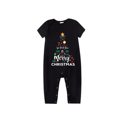 We Wish You A Merry Christmas Tree Family Pajamas Set - Black Top Red Pants Red Plaid Pattern Christmas Tree Letter Print