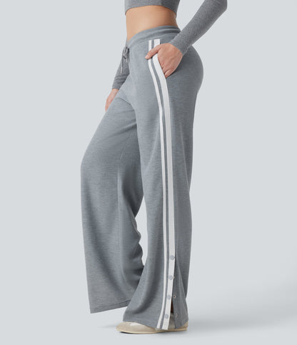 Low Rise Drawstring Color Block Snap Waffle Casual Wide Leg Pants with Pockets