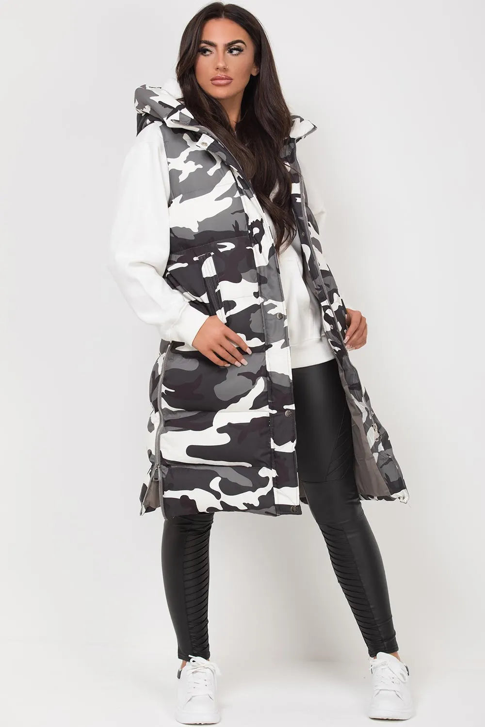 Camouflage Longline Puffer Gilet Grey