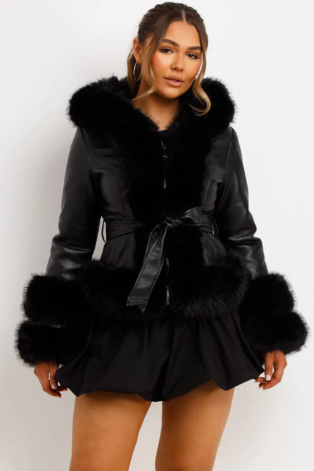 Faux Leather Fur Coat With Hood And Belt Black
