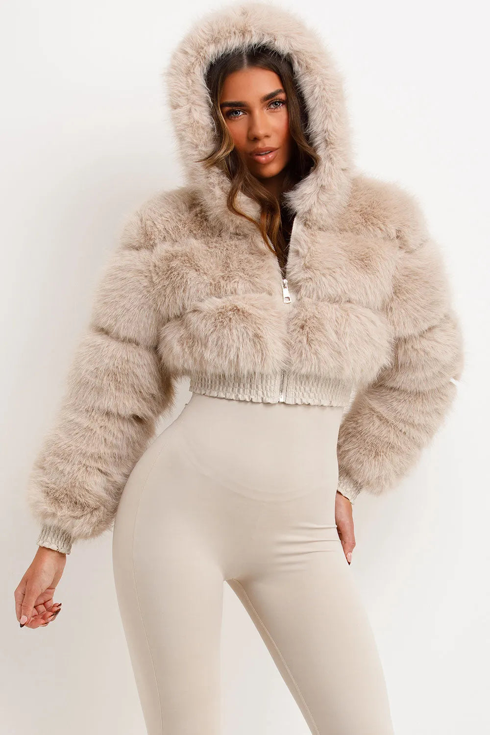 Crop Faux Fur Jacket With Hood Beige