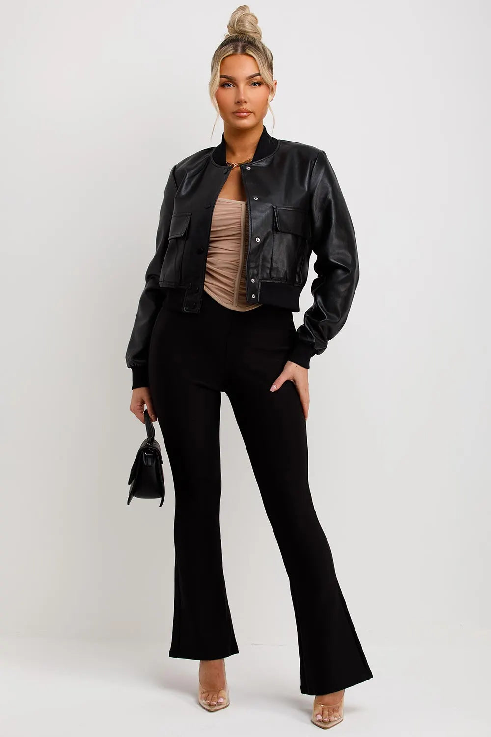 Black Faux Leather Bomber Jacket