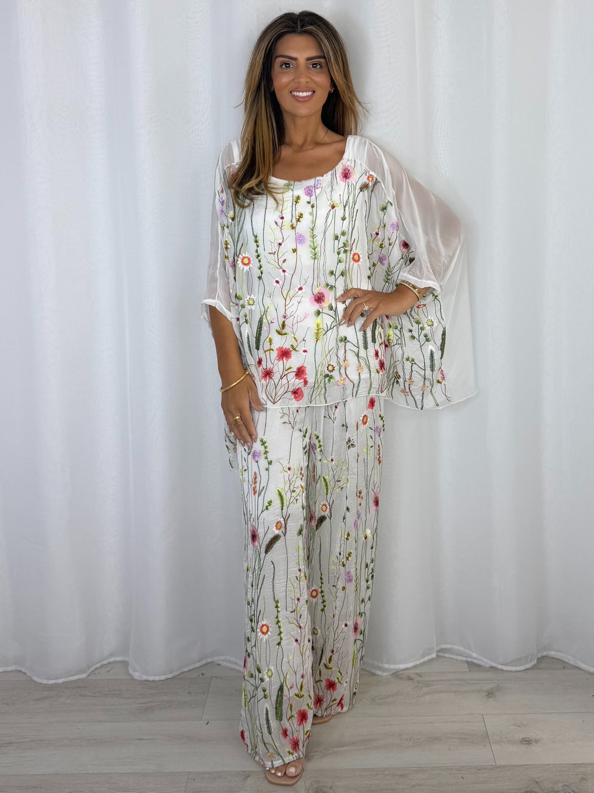 Flower Embroidered Silk Top And Trouser Co-Ord (2 Colours)