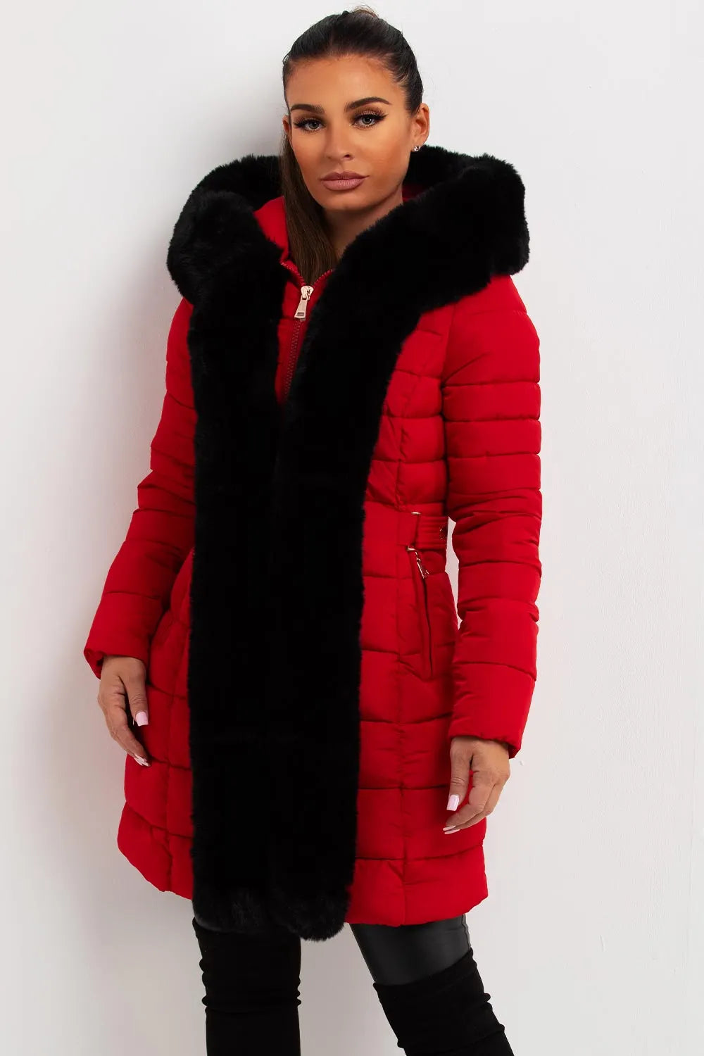 Puffer Padded Coat With Faux Fur Hood Red