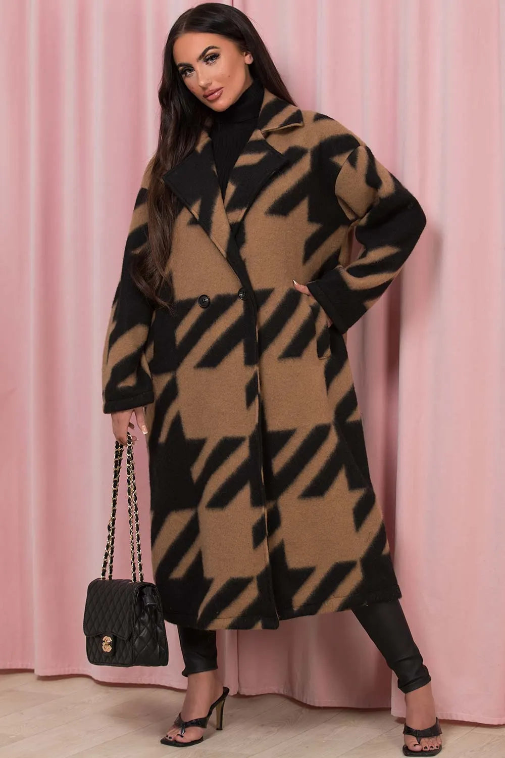 Black Long Coat Dogtooth Print