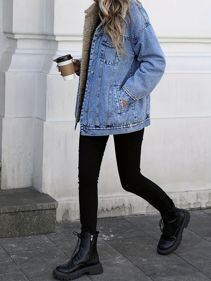 Women's Fall Winter Casual Fashion Jacket, Elegant Solid Color Stand Collar Thickened Warm Denim Coat, Versatile Outerwear for Women