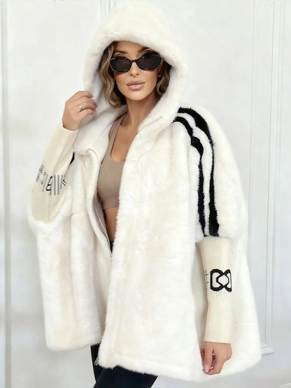 Women Plush Hooded Vertical Stripe Printed Casual Coat