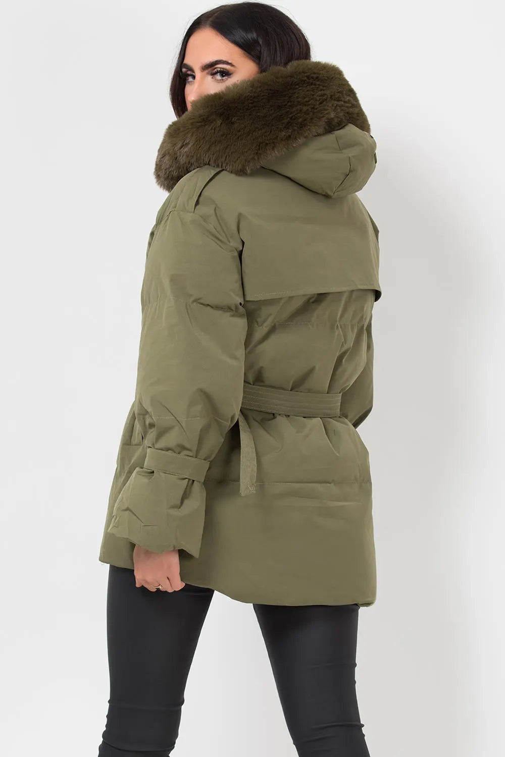 Khaki Puffer Padded Coat With Faux Fur Hood