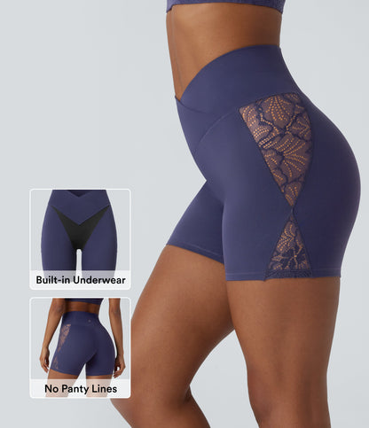 SoftlyZeroTM High Waisted Crossover Contrast Lace Built-in Underwear Yoga Biker Shorts 5'' with Pocket-UPF50+
