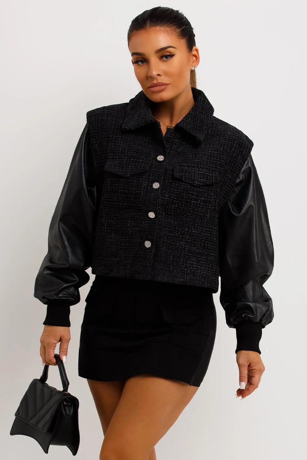 Tweed Bomber Jacket With Faux Leather Sleeves Black