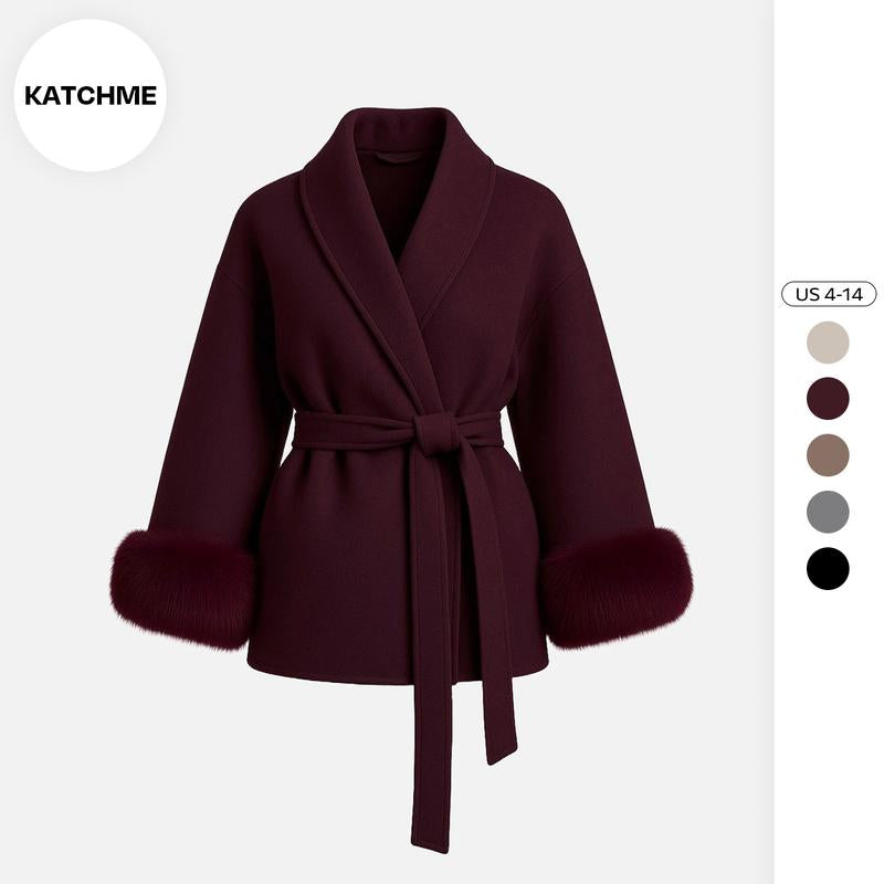 Women's Elegant Solid Color Waist Tie Fuzzy Cuff Wrap Coat, Premium Plush Long Sleeve Thermal Coat, Outerwear Jacket for Fall & Winter(CN/US)