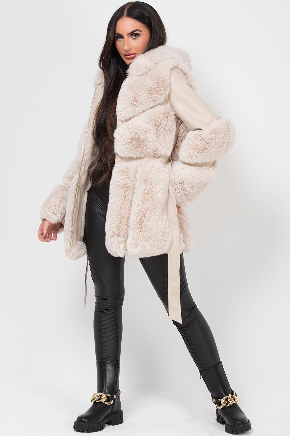 Faux Leather Faux Fur Panel Hooded Jacket With Belt Cream