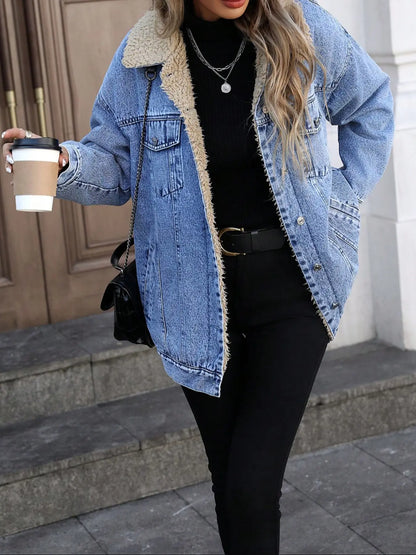 Women's Fall Winter Casual Fashion Jacket, Elegant Solid Color Stand Collar Thickened Warm Denim Coat, Versatile Outerwear for Women