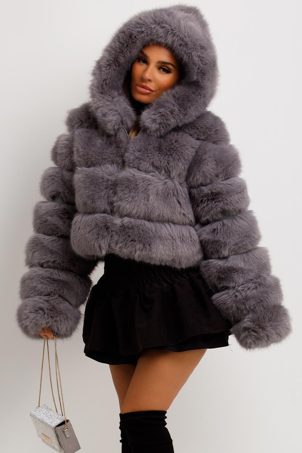 Grey Faux Fur Coat With Hood