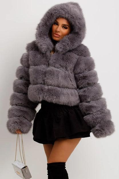 Grey Faux Fur Coat With Hood
