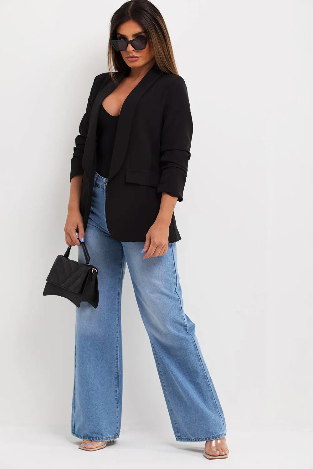 Black Ruched Sleeve Blazer