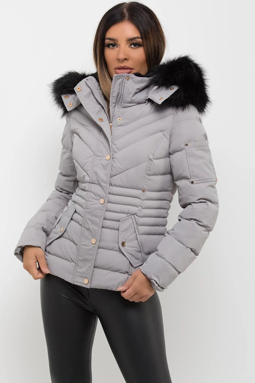 Puffer Coat With Fur Hood Grey