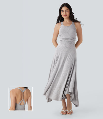 Ruched Asymmetric Hem Flowy Maxi Casual Dress