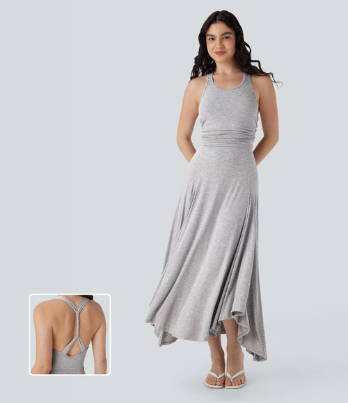 Ruched Asymmetric Hem Flowy Maxi Casual Dress