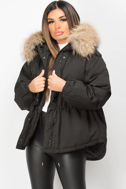 Black Natural Fur Hooded Parka Coat