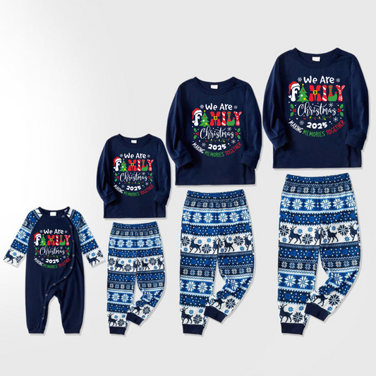 "We are Family 2025 Christmas Make Memories Together" Slogan Print Blue Long Sleeve With Blue Floral Pants Family Matching Pajamas Sets