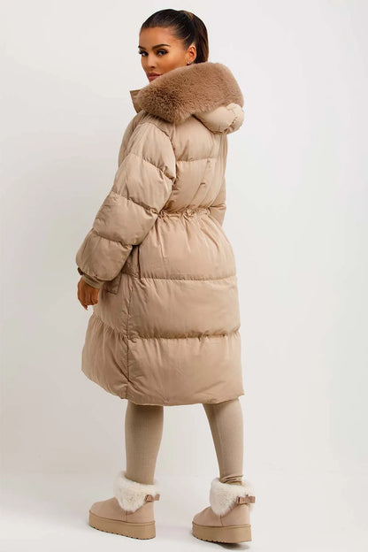 Long Puffer Coat With Faux Fur Hood And Drawstring Waist Beige