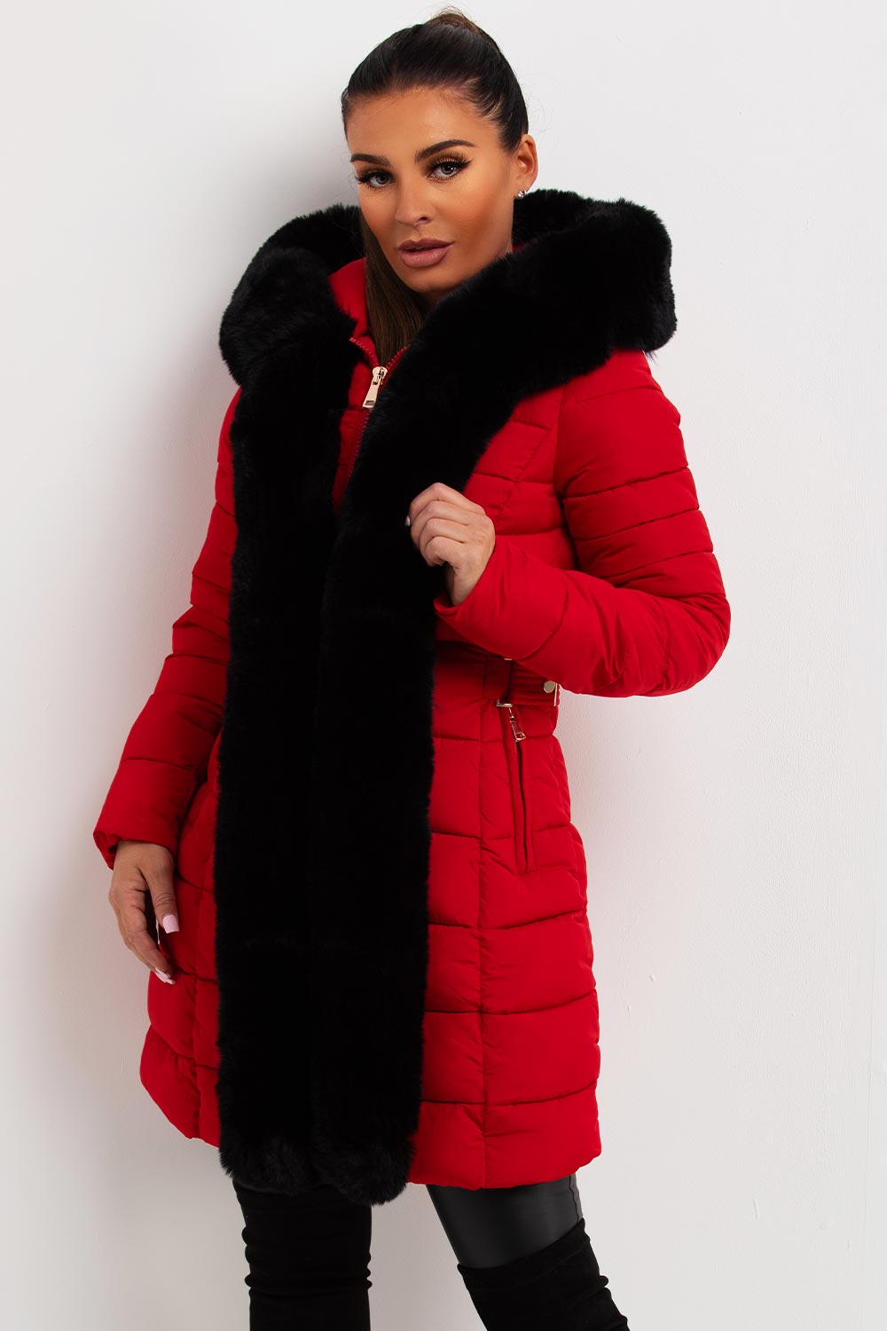 Puffer Padded Coat With Faux Fur Hood Red