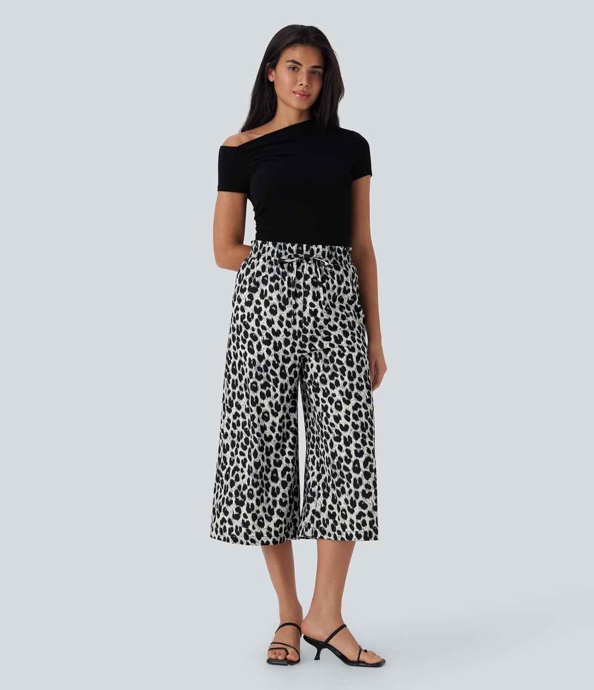 High Waisted Drawstring Leopard Print Wide Leg Capri Casual Pants with Pockets