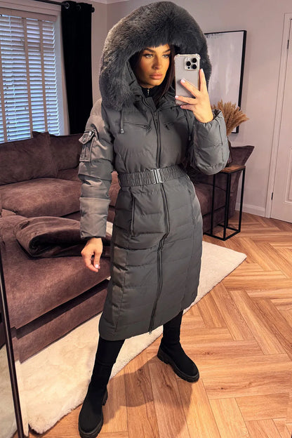 Longline Puffer Padded Coat With Fur Hood And Belt Grey