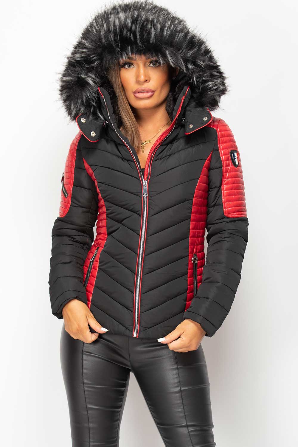 Puffer Coat With Faux Fur Black And Red